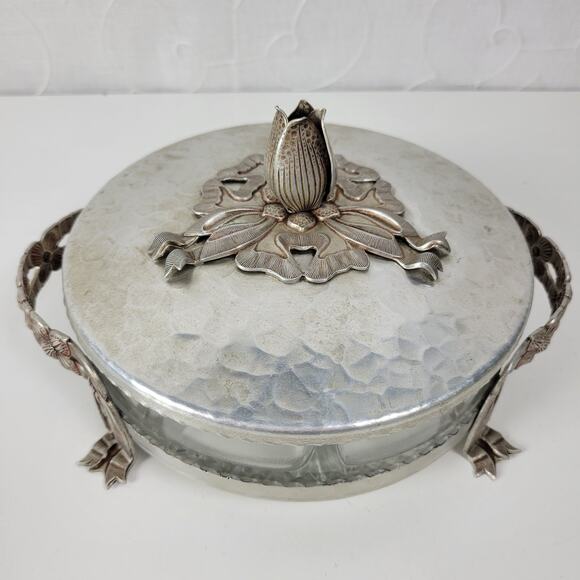 Vintage Rodney Kent Divided Glass Dish Hand Wrought Aluminum Floral Tulip Cover - Picture 11 of 16